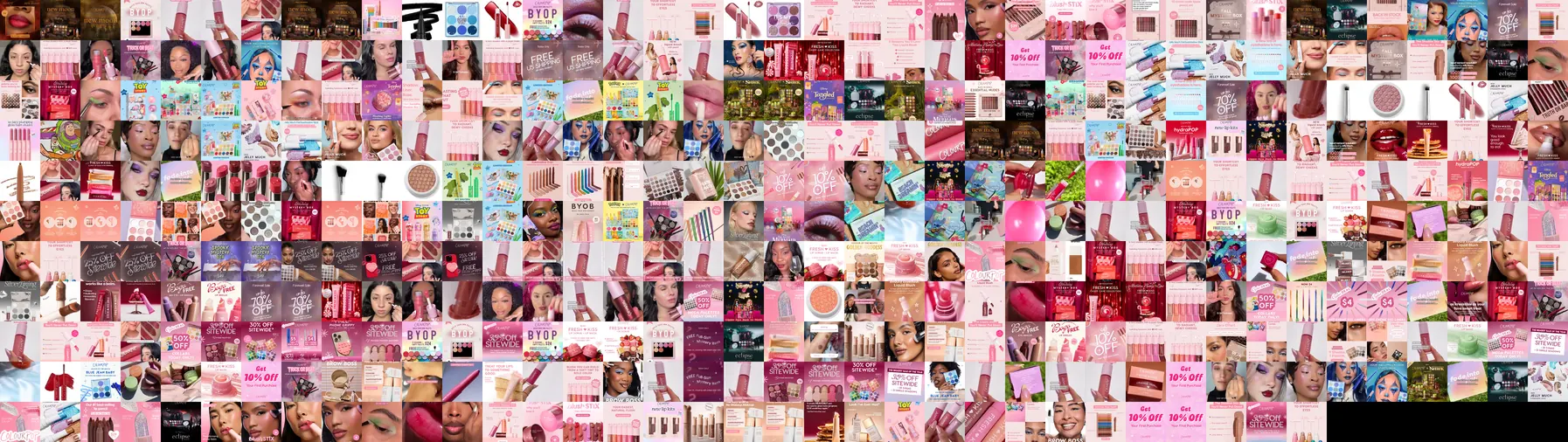 A dense grid of 423 thumbnails, one per ad, from a single cosmetics advertiser's public Meta Ad Library — the whole capture, thirty-nine tiles to a row, dissolving along the bottom edge where the final row stops short. The grid is dominated by pinks and product-on-colour studio shots, with visible clusters: the same percentage-off offer creative repeating across many tiles, a band of talking-head creator videos, and runs of near-identical variants of one palette launch.